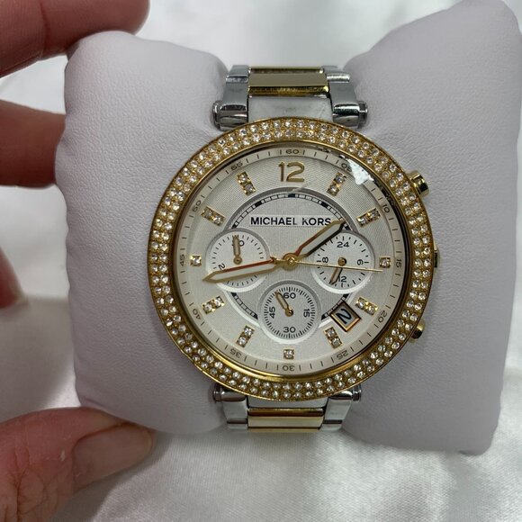 Michael Kors Womens Parker Analogue Watch Gold-Tone Crystal-Accented Stainless S - Picture 6 of 11